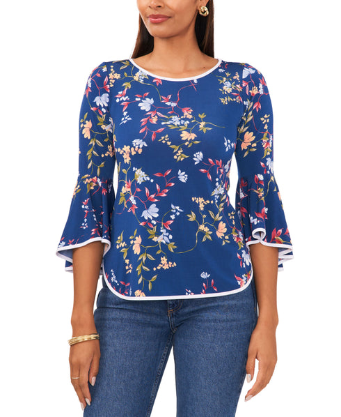 Petite Floral-Print Bell-Sleeve Piped Top